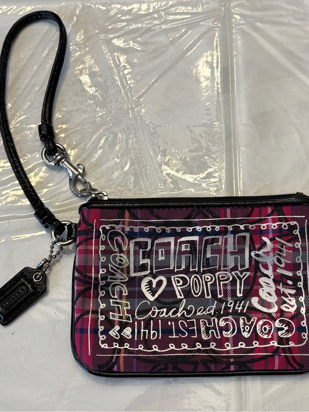 Coach Pink and Black Poppy Graphic Wristlet